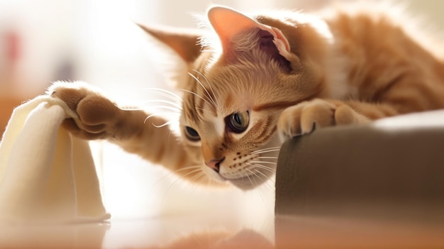 Un gato jugando con una servilleta