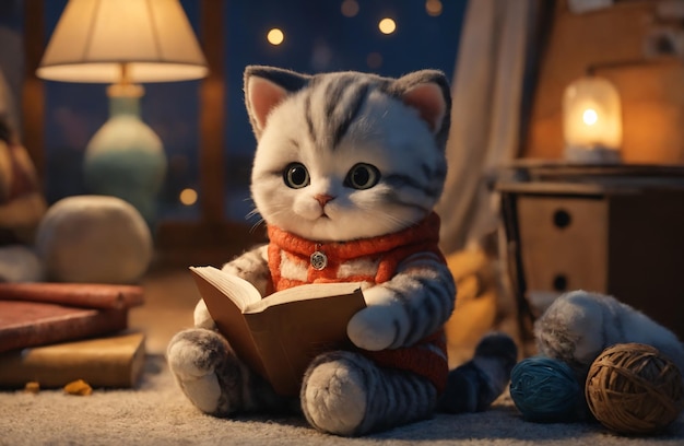 El gato de juguete está leyendo un libro en la habitación de los niños en una acogedora atmósfera nocturna