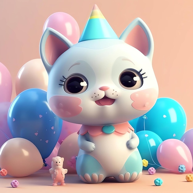 Un gato de juguete con un gorro de fiesta se sienta entre globos.