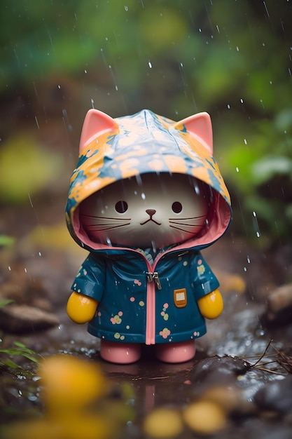 Un gato de juguete con un impermeable y una flor.