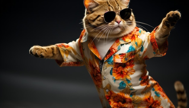 Gato juguetón con atuendo colorido y gafas de sol bailando en un fondo brillante concepto de viaje