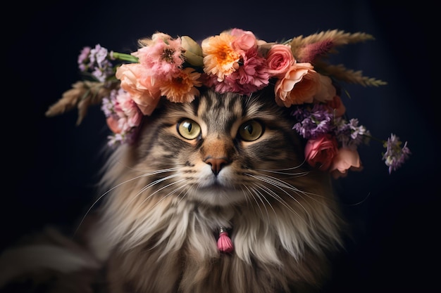 Gato juguetón con una corona de flores abrazando el estilo boho