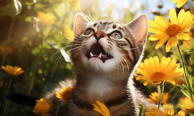 Un gato juguetón en un jardín de flores ai generativo