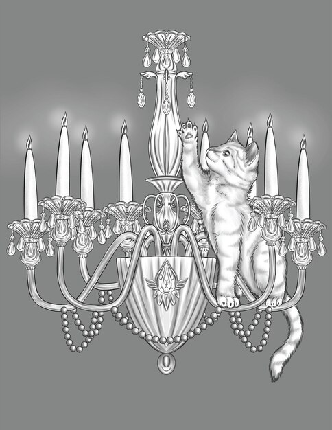 Gato juguetón en la parte superior de una vela encendida Candelabro levantando la pata Línea incolora Dibujo de pequeño felino colgado en el techo Luz de colorear Página del libro