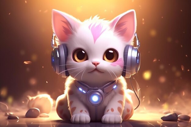 Foto gato kawaii fofo com fones de ouvido