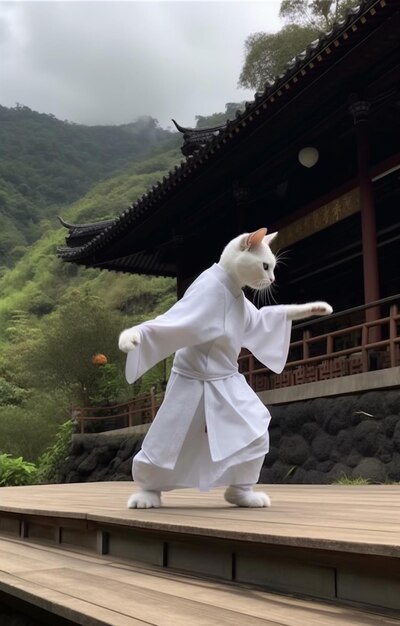 Un gato con kimono camina frente a un templo.