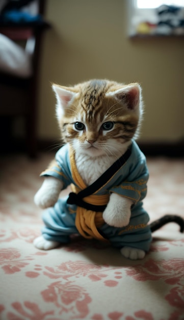 Un gato con kimono está sentado en el suelo.