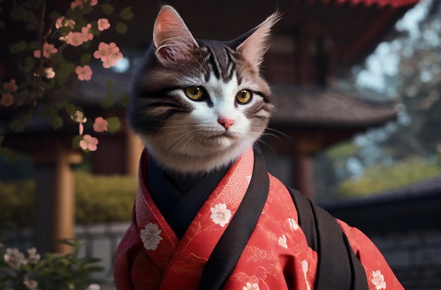 Gato en kimono Retrato de lindo minino en traje japonés IA generativa