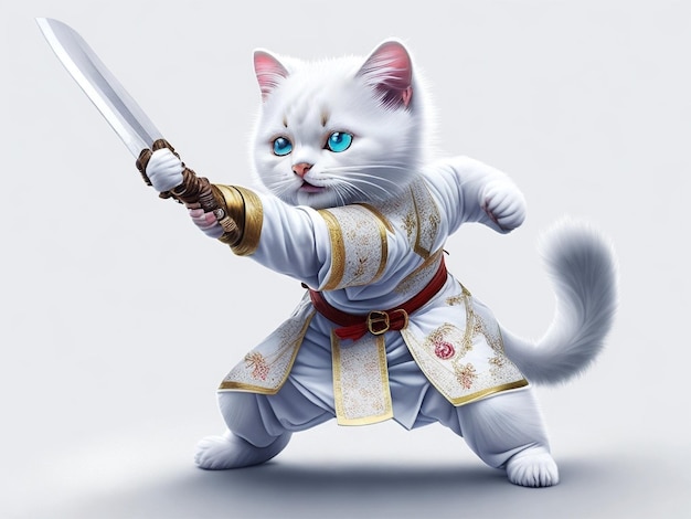 Gato kungfu con vestido blanco