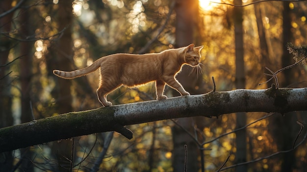 Gato laranja caminhando em um tronco de árvore suspenso na floresta