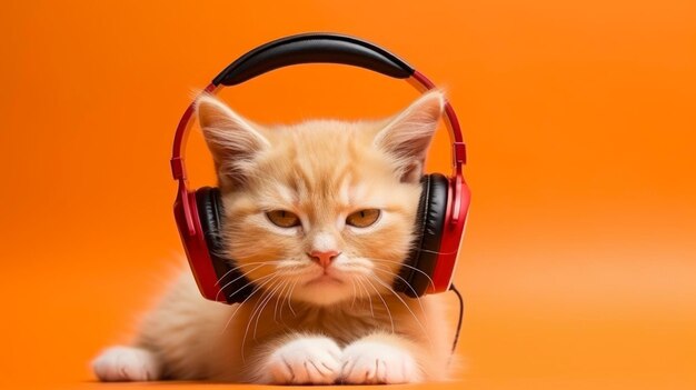 Gato laranja com um rosto zangado com fones de ouvido ouvindo música em um fundo laranja