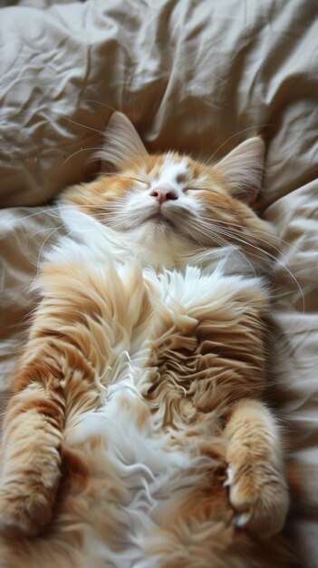 Gato laranja e branco descansando na cama
