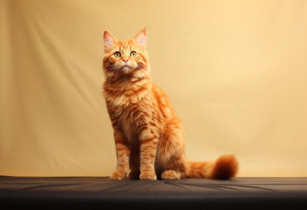 Foto gato laranja fofo com corpo inteiro em fundo amarelo