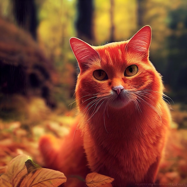 Foto gato laranja na floresta de outono olhando para renderização em 3d da câmera