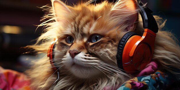 Gato legal com fones de ouvido e óculos de sol escuta música Retrato próximo de gatinho peludo em estilo de moda
