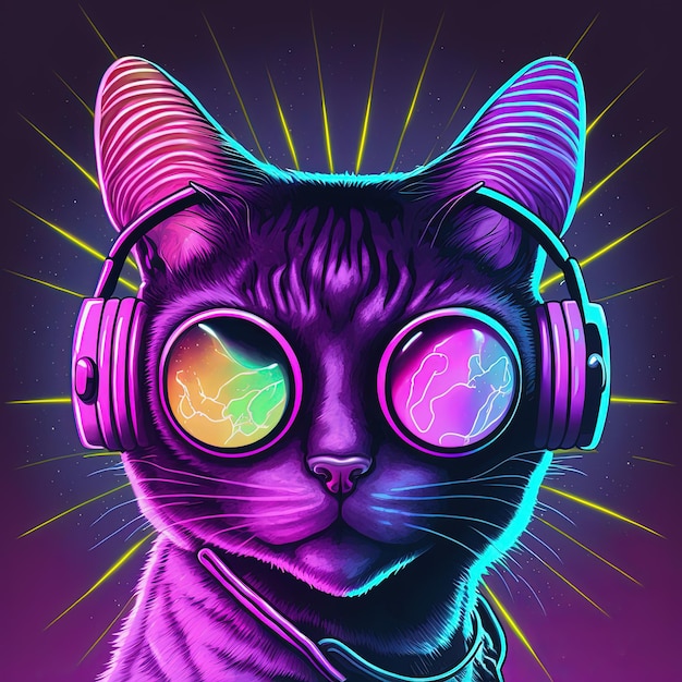 Gato legal de festa neon em fones de ouvido e óculos IA generativa Não baseado em nenhuma cena real