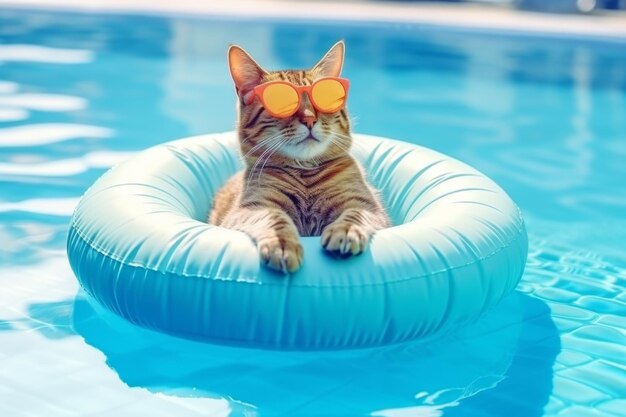 Gato legal usando óculos de sol nadando em uma piscina com um anel inflável