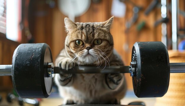 Foto un gato está levantando una manivela en un gimnasio por una imagen generada por ai