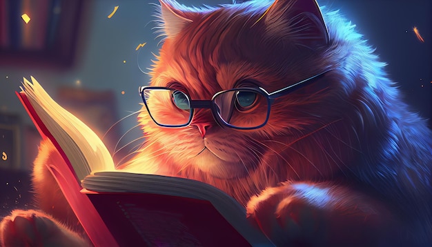 Un gato leyendo un libro con una varita mágica.