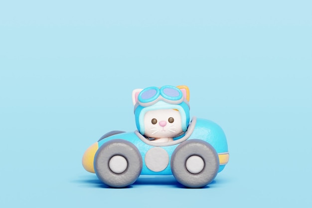 Gato lindo en 3D conduciendo un coche de carreras personaje animal de dibujos animados renderización 3D