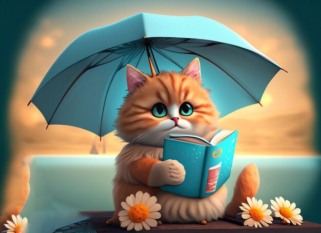 Gato lindo en 3D con flores libro con fondo colorido bajo el paraguas