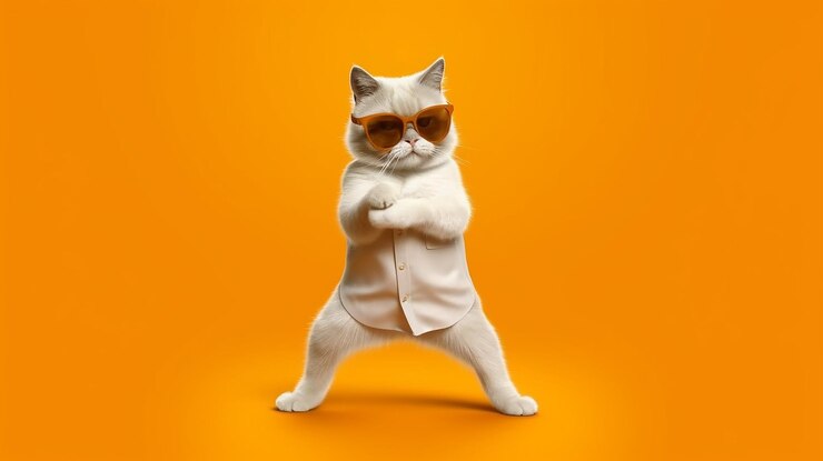 Gato lindo 3d con gafas de sol bailando aislado sobre fondo naranja IA generativa