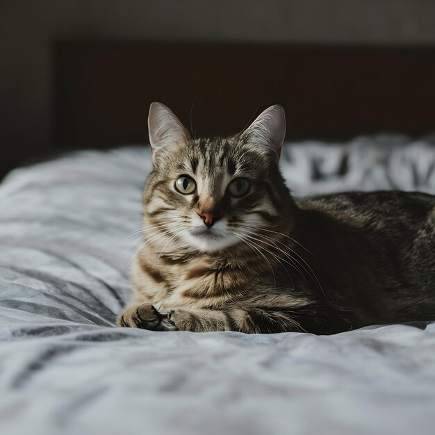 Foto gato lindo acostado en la cama