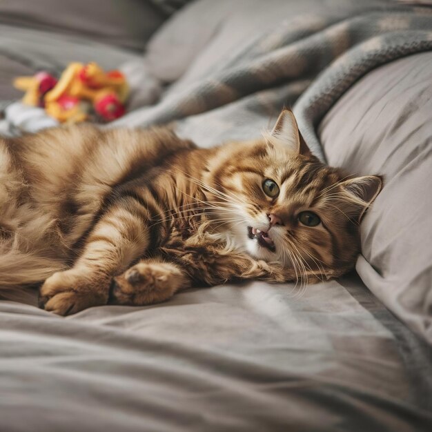Foto gato lindo acostado en la cama