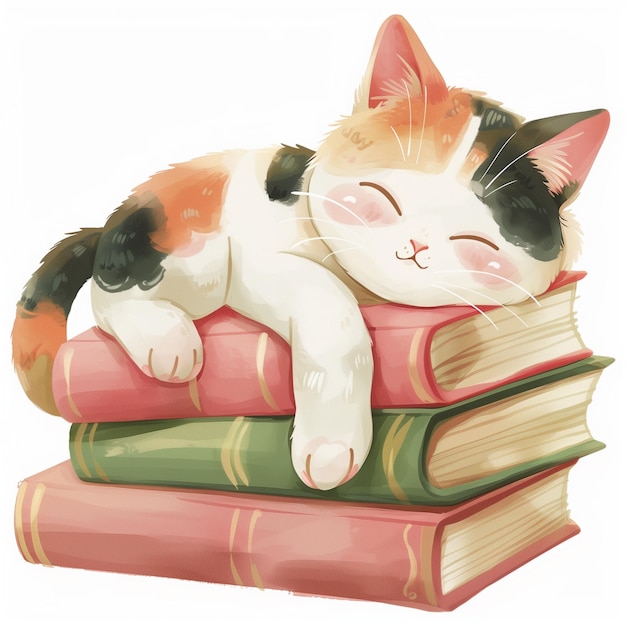 Gato lindo acostado en una pila de libros en estilo acuarela