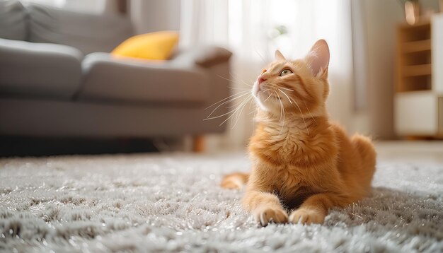 Gato lindo en la alfombra en la sala de estar