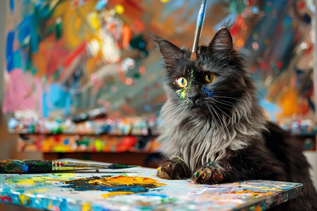 Foto gato lindo un artista manchado de pinturas sentado cerca del caballete y los pinceles en el taller de arte