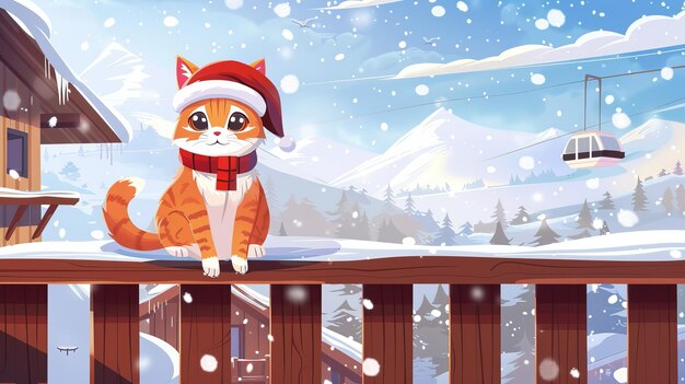 Gato lindo en la barandilla de la terraza de madera en la temporada de invierno con sombrero y bufanda de Papá Noel Gato de dibujos animados personaje de Navidad en la nieve ilustración moderna