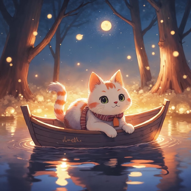 Gato lindo en un barco bajo el cielo nocturno