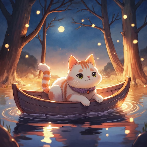 Gato lindo en un barco en una noche mágica