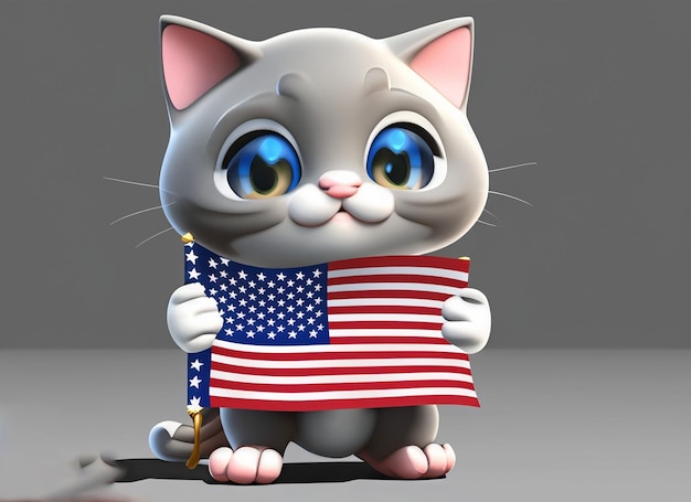 Gato lindo del bebé 3d que sostiene la bandera de los E.E.U.U. a disposición