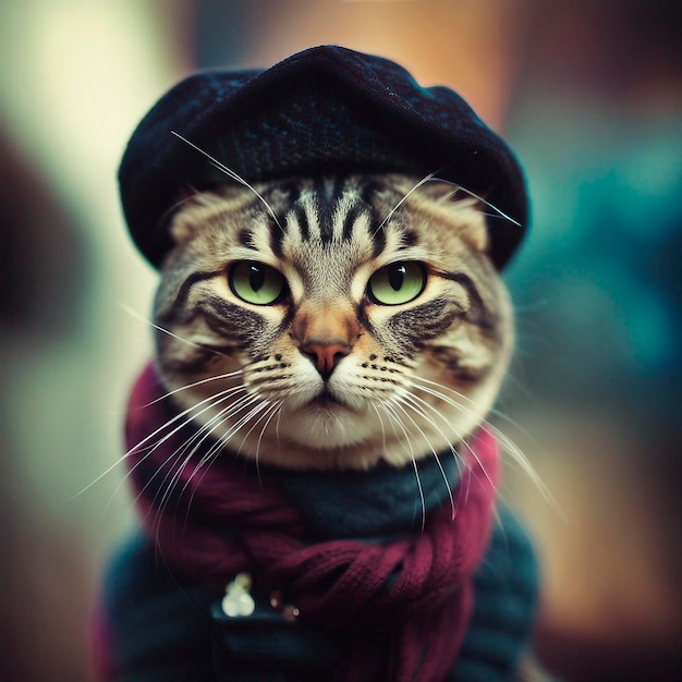 un gato lindo con una boina y una bufanda a la moda vestido con ropa punk