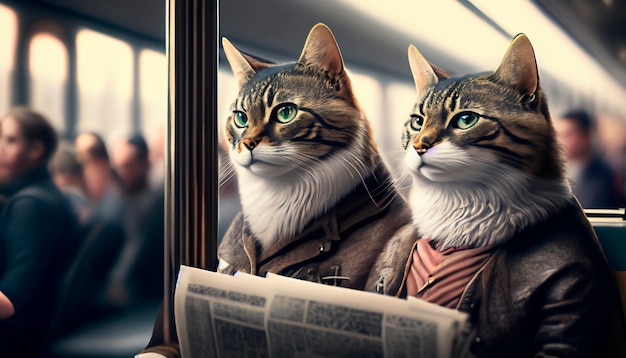 Un gato lindo con un café y un periódico sentado en un tren de metro