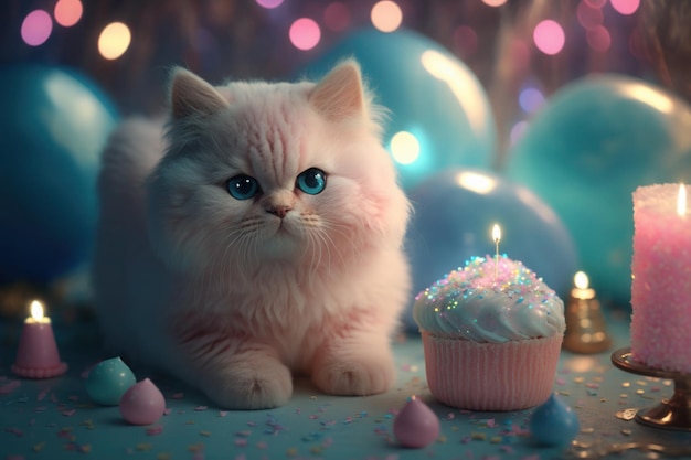 Foto gato lindo celebra el cumpleaños gatito se sienta cerca de los globos y un pastel con velas ai generativo