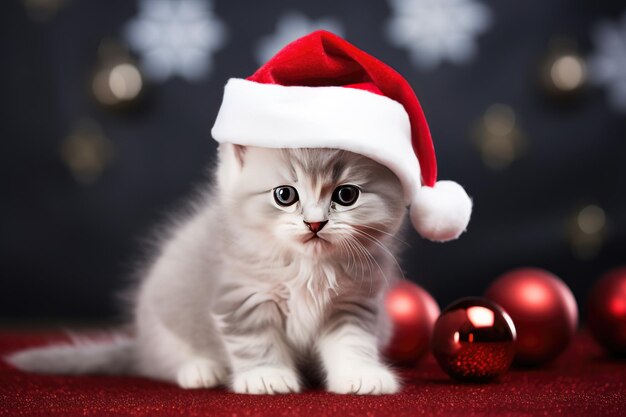 Gato lindo cinza usando um chapéu de Natal em um fundo escuro AI gerativa