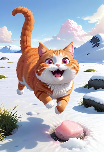 Gato lindo corriendo en la nieve