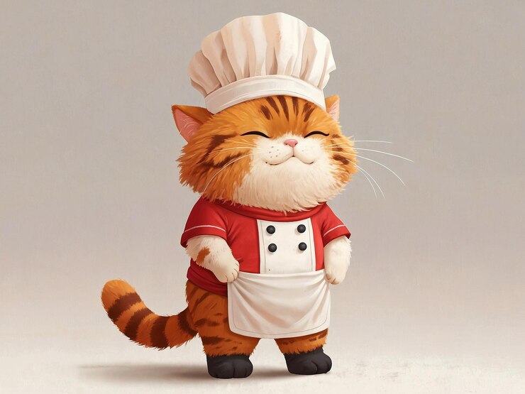 un gato lindo con un delantal rojo brillante y un sombrero de chef blanco