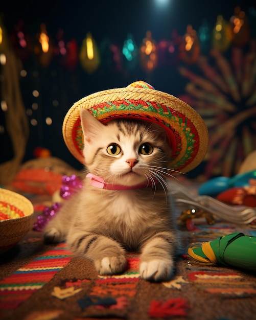 Gato lindo con el disfraz festivo del Cinco de Mayo