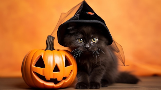 Gato lindo con disfraz de Halloween, bigotes bonitos, gatito vestido con Halloween, IA generativa