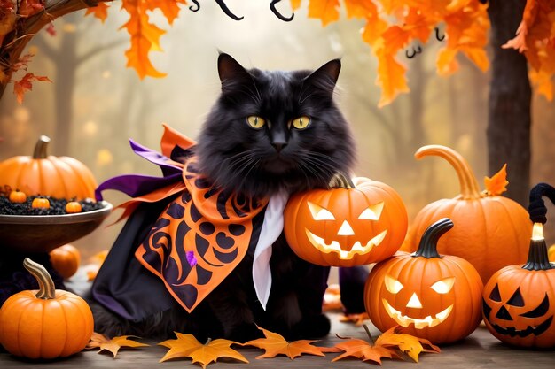 Foto gato lindo en disfraz de halloween con calabazas y murciélagos en el fondo de otoño