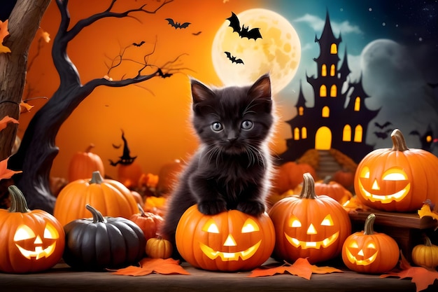 Foto gato lindo en disfraz de halloween con calabazas y murciélagos en fondo de otoño