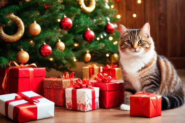Gato lindo doméstico en un fondo de Año Nuevo con regalos Celebración de las vacaciones de invierno