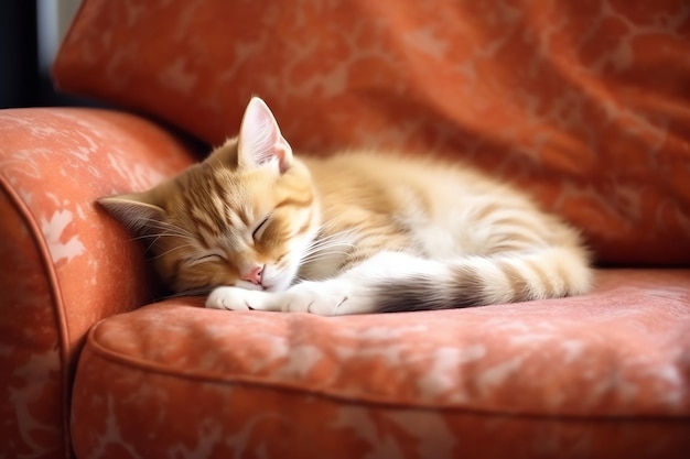 Gato lindo durmiendo o descansando en el sofá en casa Gato perezoso durmiendo en el sofà Concepto del día del gato