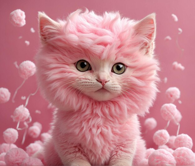 Gato lindo y esponjoso con cabello rosado en un fondo rosado con flores