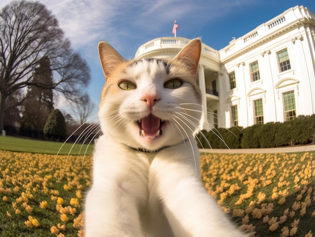 Un gato lindo y feliz sonríe mientras se toma una selfie frente a la Casa Blanca