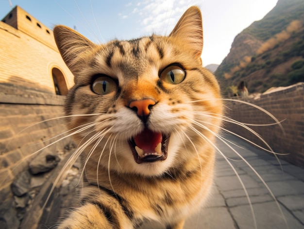 Foto un gato lindo y feliz sonríe mientras se toma una selfie frente a la gran muralla china